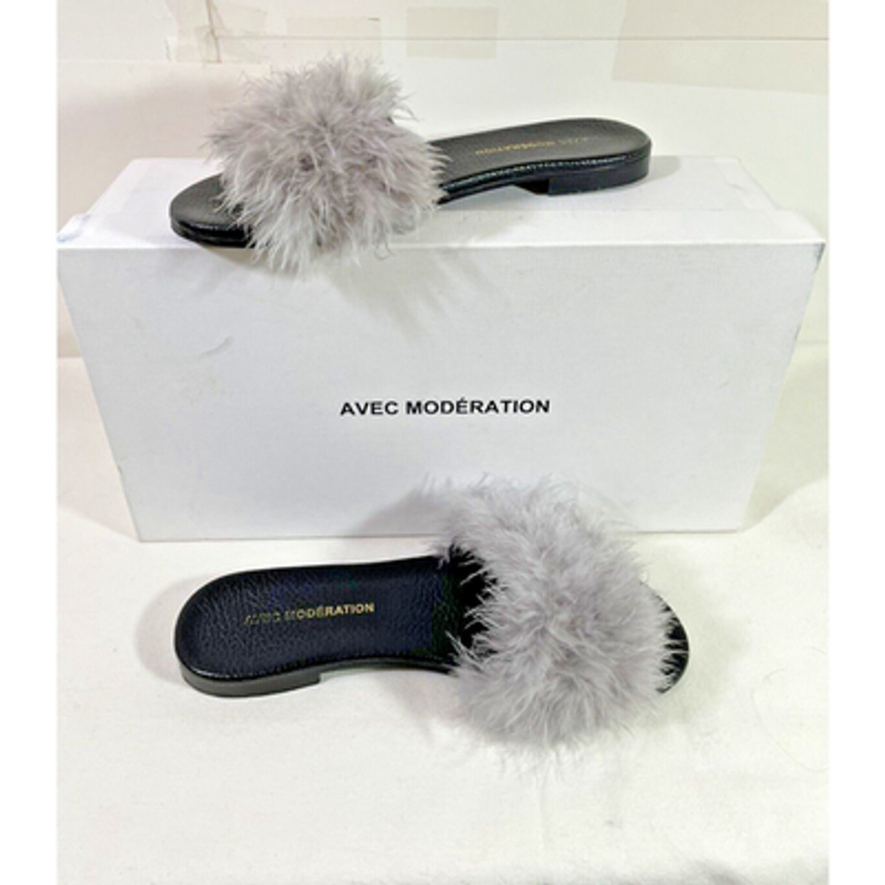 Avec Moderation Bora Bora Slides Womens 35 Pearl Gray #12 Marabou Feathers Italy